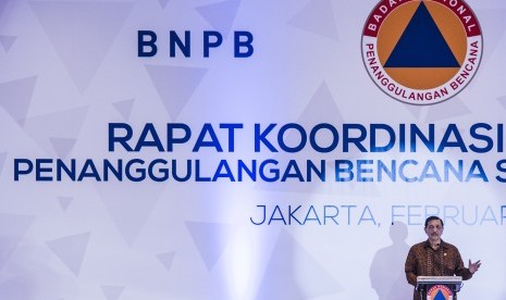 Menko Polhukam Luhut Binsar Pandjaitan menyampaikan pidato saat membuka Rapat Koordinasi Nasional (Rakornas) Penanggulangan Bencana seluruh Indonesia di Jakarta, Rabu (24/2)