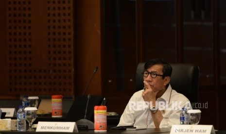 Menkumham Yasonna Laoly menghadiri Rakor dan Evaluasi Kemenkumham 2016 di Kemenkumham, Jakarta, Senin (25/7).