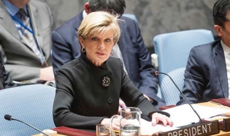  Menlu Julie Bishop dalam sebuah pertemuan PBB. Ia dijadwalkan tiba di Iran pekan ini, untuk melobi pemerintah Iran.