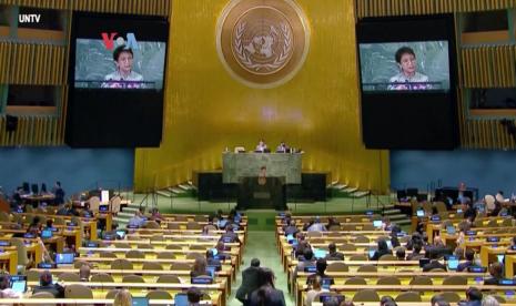 Menlu Retno saat berbicara di Sidang Majelis Umum PBB di Kota New York.