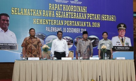 Mentan Amran Sulaiman saat memberi sambutan dalam Rapat Koordinasi Serasi di Palembang, Sumatera Selatan, Kamis (6/12).