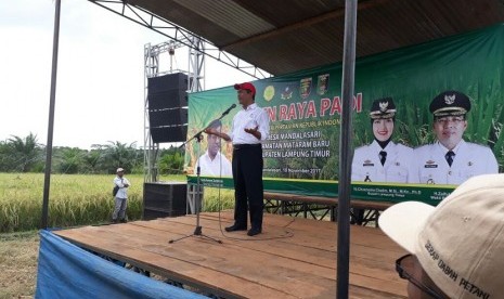 Mentan Andi Amran Sulaiman menghadiri panen raya padi Ciherang seluas 300 hektare di Desa Mandalasari, Kecamatan Mataram Baru, Kabupaten Lampung Timur, Provinsi Lampung, Jumat (10/11)