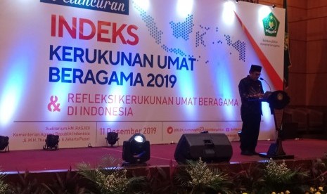 Menteri Agama Fachrul Razi saat menyampaikan indeks Kerukunan Umat Beragama (KUB) 2019, di Kementerian Agama, Jakarta, Rabu (11/12). Indeks KUB naik sebesar 73,83, naik tipis dari 2018 sebesar 70. 