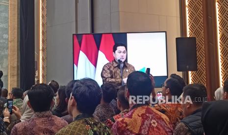 Menteri BUMN Erick Thohir di The Gade Tower, Jalan Kramat Raya Nomor 162, Jakarta Pusat, Senin (26/2/2025).