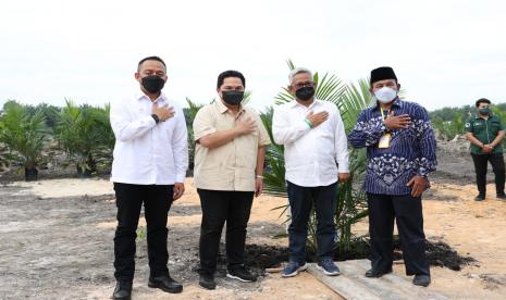 Menteri BUMN Erick Thohir memberikan apresiasi kepada PT Perkebunan Nusantara V sebagai anak usaha Holding Perkebunan Nusantara PTPN III (Persero) pada acara penanaman perdana peremajaan sawit rakyat di Koperasi Unit Desa (KUD) Mojopahit Jaya, Desa Sari Galuh, Kecamatan Tapung, Kabupaten Kampar, Provinsi Riau, Jumat sore (26/11). 