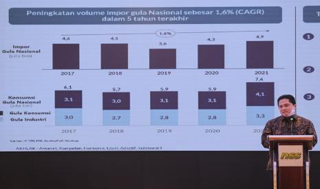 Menteri BUMN Erick Thohir menyampaikan kata sambutan pada acara National Sugar Summit (NSS) 2021 di Jakarta, Rabu (1/12/2021). National Sugar Summit merupakan kegiatan rutin tahunan konferensi industri gula terbesar di Indonesia berskala Internasional dengan melibatkan berbagai pemangku kepentingan, mulai dari Pemerintah sebagai pemegang kebijakan, produsen gula, petani, peneliti, investor, pemerhati hingga praktisi gula dari seluruh penjuru Indonesia.