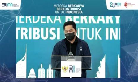 Menteri BUMN Erick Thohir saat menjadi pembicara utama acara bertajuk Merdeka Berkarya Berkontribusi untuk Indonesia di Jakarta, Rabu (25/8).