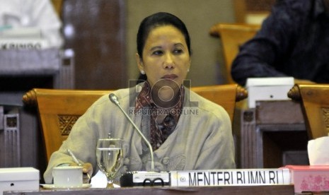 Menteri BUMN Rini Soemarno dalam sebuah kesempatan saat rapat kerja dengan Komisi VI DPR di Gedung Parlemen, Senayan, Jakarta.