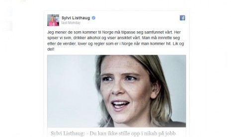 Menteri Imigrasi Norwegia Sylvi Listhaug