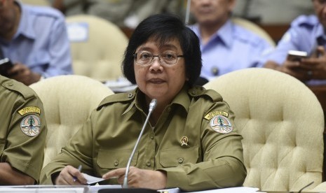 Menteri Kehutanan dan Lingkungan Hidup Siti Nurbaya (kiri) mengikuti rapat kerja dengan Komisi IV DPR di Kompleks Parlemen, Senayan, Jakarta, Senin (27/6). (Antara/Hafidz Mubarak A)