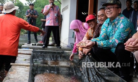  Menteri Kelautan dan Perikanan Edhy Prabowo mengatakan Kementerian Kelautan dan Perikanan (KKP) saat ini sedang mengkaji ulang berbagai aturan yang dipandang kurang menguntungkan bagi stakeholder. Foto:enteri Kelautan dan Perikanan Edhy Prabowo (kanan) menunjukkan benih ikan Nila saat mengunjungi Loka Perbenihan dan Budidaya Ikan Air Tawar (PBIAT) Ngrajek, Mungkid, Magelang.