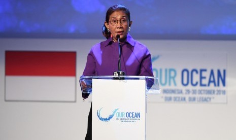 Menteri Kelautan dan Perikanan Susi Pudjiastuti menjadi narasumber pada sesi pleno Forum Kepemimpinan Kelautan Global pada Our Ocean Conference (OOC) 2018, di Nusa Dua, Bali, Selasa (30/10/2018).