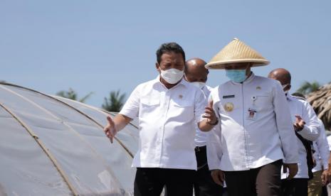 Menteri Kelautan dan Perikanan Wahyu Sakti Trenggono (tengah) memastikan dana bergulir Badan Layanan Umum Lembaga Pengelola Modal Usaha Kelautan dan Perikanan (BLU LPMUKP) tepat guna dalam memanfaatkan. Hal ini tampak saat Trenggono menggali informasi langsung dari debitur yang menerima penyerahan dana bergulir secara simbolis. 