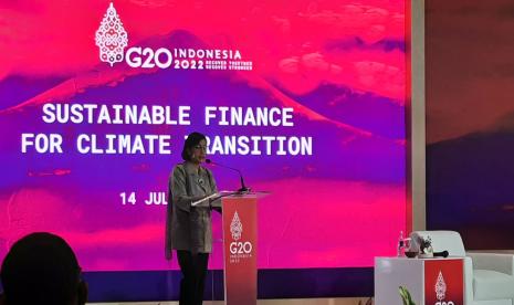 Menteri Keuangan RI, Sri Mulyani dalam Side Event Sustainable Finance for Climate Transition di Bali International Convention Center, Kamis (14/7), Nusa Dua, Bali. 