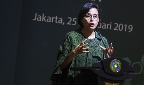 Peluncuran Data Sampel BPJS: Menteri Keuangan Sri Mulyani berpidato saat peluncuran data sampel BPJS Kesehatan di Jakarta, Senin (25/2/2019).