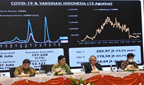 Menteri Keuangan Sri Mulyani (kedua kiri) didampingi Menteri Koordinator Bidang Perekonomian Airlangga Hartarto (kiri), Menteri PUPR Basuki Hadimuljono (kedua kanan), dan Menteri Kesehatan Budi Gunadi Sadikin (kanan) menyampaikan keterangan kepada wartawan terkait nota keuangan dan Rancangan Anggaran Pendapatan dan Belanja Negara (RAPBN) 2023 di Jakarta, Selasa (16/8/2022). Pemerintah mematok belanja negara dalam RAPBN 2023 sebesar Rp3.041,7 triliun, di antaranya belanja pemerintah pusat sebesar Rp2.230 triliun dan transfer ke daerah sebesar Rp811,7 triliun.