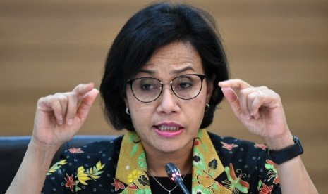 Menteri Keuangan Sri Mulyani memberikan keterangan terkait realisasi Anggaran Pendapatan dan Belanja Negara (APBN) 2019 di Kementerian Keuangan, Jakarta, Selasa (19/3/2019)