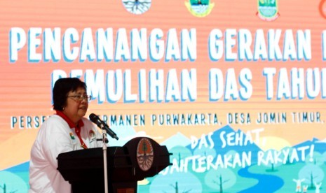 Menteri Lingkungan Hidup dan Kehutanan Siti Nurbaya memberikan pengarahan dalam acara Pencanangan Gerakan Nasional Pemulihan DAS Tahun 2019.