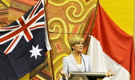 Menteri Luar Negeri Australia Julie Bishop memberi sambutan saat peresmian Konsulat Jenderal (Konjen) Australia di Makassar, Sulawesi Selatan, Selasa (22/3). 