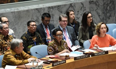 Menteri Luar Negeri Indonesia Retno LP Marsudi memimpin open debate di Dewan Keamanan PBB dengan menghasilkan presidential steatment, New York, Rabu (7/5).