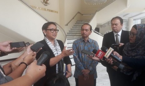 Menteri Luar Negeri Retno Marsudi saat ditemui di Kantor Wakil Presiden, Jalan Medan Merdeka Utara, Jakarta, Jumat (15/3).