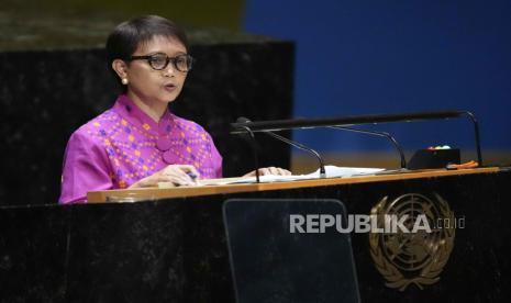 Indonesian Foreign Minister Retno Lestari Priansari Marsudi addresses the 78th session of the UN General Assembly on Saturday, September 23, 2023 at the UN headquarters.