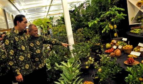 Menteri Perdagangan Muhammad Lutfi (kiri) bersama Ketua Yayasan Coop Indonesia Adi Sasono (kanan) melihat hasil pertanian saat Pameran Agrinex Expo 2014 di JCC, Jakarta, Jumat (28/3).