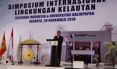 Menteri Perhubungan Budi Karya Sumadi dalam Simposium Internasional Penanggulangan Tumpahan Minyak di Fairmont Hotel, Jakarta, Rabu (28/11).