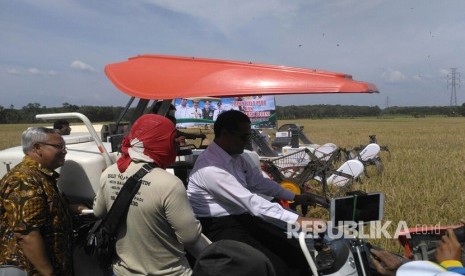 Menteri Pertanian Amran Sulaiman mencoba traktor milik petani di lokasi persawahan yang terletak di desa Karangbanyu,  Kecamatan Widodaren,  Ngawi-Jawa Timur