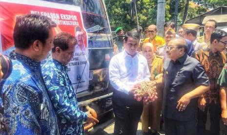 Menteri Pertanian Amran Sulaiman saat pelepasan ekspor komoditas hortikultura di Kantor Dinas Pertanian Provinsi Jawa Timur, Surabaya, Senin (8/10).