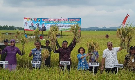 Menteri Pertanian Amran Sulaiman (tengah) saat melakukan panen bersama di Kabupaten Blora, Jawa Tengah.