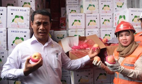 Menteri Pertanian Andi Amran Sulaiman (kiri) menunjukkan buah apel impor yang berada dalam Kontainer di Terminal Peti Kemas Surabaya, Jawa Timur, Jumat (4/3).