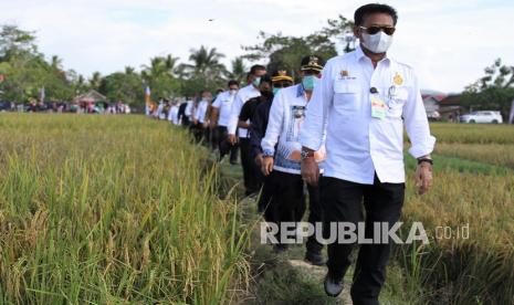 Menteri Pertanian Syahrul Yasin Limpo (depan) mengunjungi lokasii panen raya padi di Kecamatan Konda, Konawe Selatan, Sulawesi Tenggara, Kamis (22/10/2020). Menteri Pertanian melakukan panen raya padi jenis padi Inpari 33 dan Sentani dengan produktivitas enam ton per hektare dan mengarahkan petani untuk memanfaatkan dana KUR yang telah dikucurkan ke perbankan sebesar Rp50 triliun agar petani dapat membuka lahan baru.