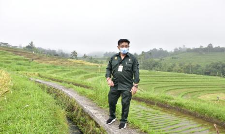 Menteri Pertanian Syahrul Yasin Limpo (Mentan SYL) bersama Anggota Komisi IV DPR I Made Urip dan jajaran Eselon I Kementerian Pertanian (Kementan) turun melihat langsung keindahan persawahan agrowisata terasiring Jatiluwih yang berada di Kabupaten Tabanan, Bali, Jumat (11/12).