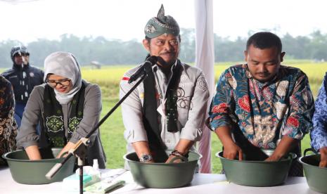 Menteri Pertanian Syahrul Yasin Limpo (Mentan SYL) bersama Bupati Blitar, Rini Syarifah melakukan panen padi aplikasi Biosaka di Desa Tegalrejo, Kecamatan Selopuro, Kabupaten Blitar seluas 57 ha dengan produktivitas 8,9 ton per hektar (ha) gabah kering panen (GKP), Kamis (10/11/2022).