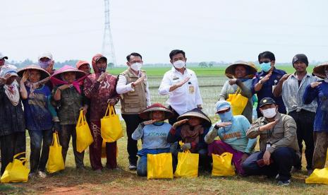 Menteri Pertanian Syahrul Yasin Limpo spontan menyapa petani yang tengah istirahat dipinggir sawah.