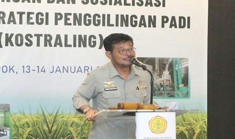 Menteri Pertanian, Syahrul Yasin Limpo (SYL) dalam Pencanangan dan Sosalisasi Komando Strategi Penggilingan Padi (Kostraling) Tahun 2020 di Margo Hotel, Depok, Jawa Barat, Senin (13/1).