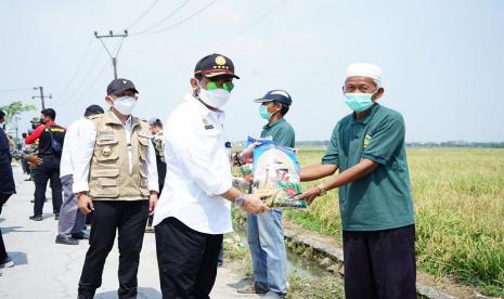  Menteri Pertanian, Syahrul Yasin Limpo (SYL)  saat melakukan monitoring areal persawahan dan panen padi di Desa Suka Asih, Kecamatan Sukatani,Kabupaten Bekasi, Jawa Barat (24/7).