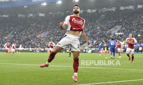 Mikel Merino merayakan golnya ke gawang Leicester City dalam lanjutan Liga Primer Inggris di Stadion King Power, Leicester.