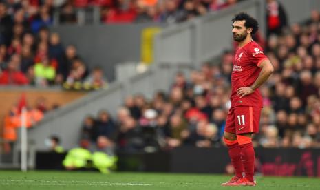 Mohamed Salah dari Liverpool selama pertandingan sepak bola Liga Premier Inggris antara Liverpool FC dan Brighton Hove Albion di Liverpool, Inggris, 30 Oktober 2021. 