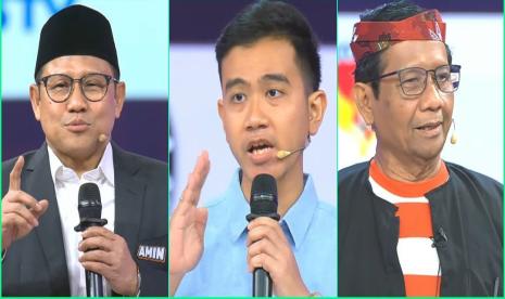 Momen debat cawapres yang diikuti Abdul Muhaimin Iskandar, Gibran Rakabuming Raka, dan Mahfud MD.