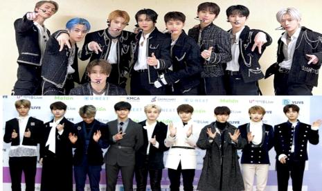 NCT127 (atas) dan Stray Kids (bawah). Kolaborasi NCT127 dan Stray Kids menjadi salah satu yang dinantikan oleh penggemar di SBS Gayo Daejeon.