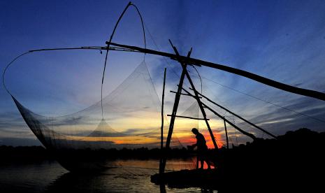 Nelayan menjaring ikan dan udang di Danau Teluk Kenali, Telanaipura, Jambi.