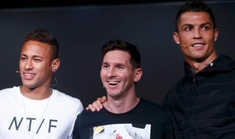 Neymar (kiri), Lionel Messi (tengah) dan Cristiano Ronaldo.