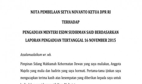 Nota pembelaan Ketua DPR Setya Novanto