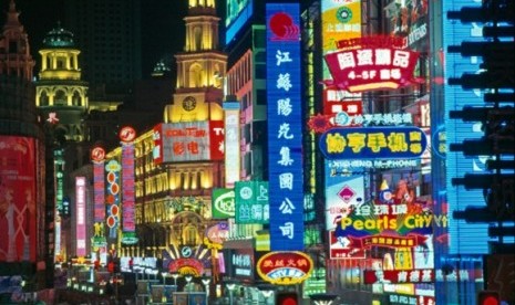 One of lively street in Shanghai, China (illustration)   