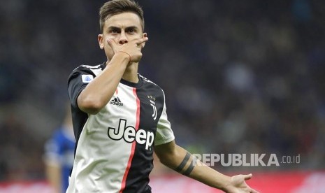 Selebrasi Paulo Dybala setelah mencetak gol ke gawang Inter pada laga Serie A Liga Italia antara Inter Milan melawan Juventus di stadion San Siro, Milan, Itali, Senin (7/10) dini hari.pada laga Serie A Liga Italia antara Inter Milan melawan Juventus di stadion San Siro, Milan, Itali, Senin (7/10) dini hari.