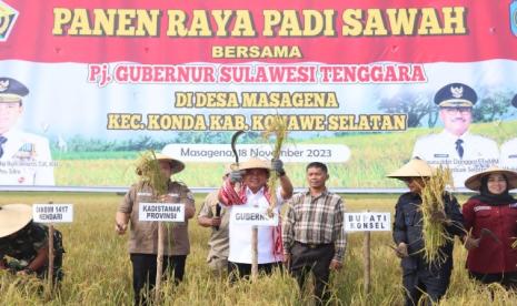 Panen raya Sulawesi Tenggara. Pj Gubernur Sulawesi Tenggara (Sultra), Andap Budhi Revianto bersama Bupati dan jajaran melakukan Panen Raya Padi Sawah di Desa Masagena, Kecamatan Konda, Konawe Selatan,