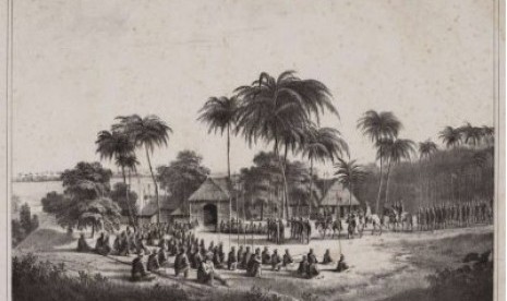 Pangeran Diponegoro naik kuda, mengenakan jubah da surban, ketika beristirahat bersama pasukannay di tepisan sungai Progo, pada penghujung tahun 1830.