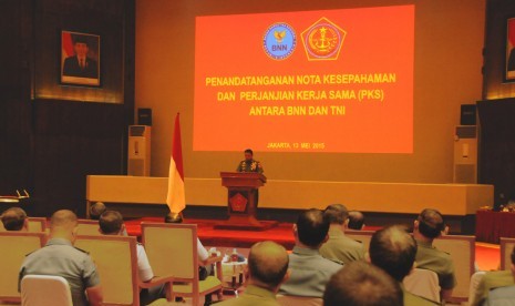 Panglima TNI Jenderal Moeldoko dalam MoU bersama BNN di Mabes TNI, Cilangkap, Jakarta Timur, Rabu (13/5).